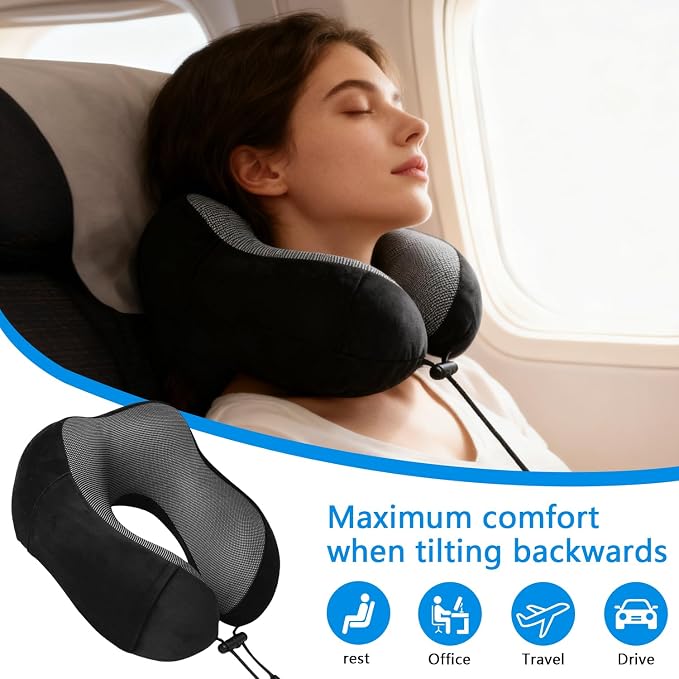 Airplane Pillow, Travel Neck Pillow with Memory Foam - Adjustable Buckle & Machine Washable Cover for Flights, Car, Office - Includes Eye Mask & Ear Plugs(Black) - Image 3
