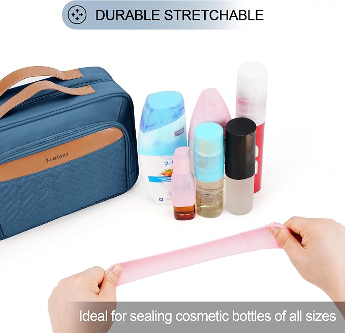 Travel Hanging Toiletry Bag for Women and Men, with 8 Leak Proofing Silicone Bottle Covers, Waterproof Makeup Accessories, Cosmetic Essentials, Toiletries Dopp Kit Set with Jewelry Organizer, Navy - Image 3