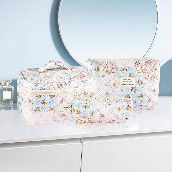 URSKYTOUS 3Pcs Cotton Quilted Makeup Bag for Women Girls Large Small Travel Floral Cosmetic Bags Set Cute Coquette Makeup Pouch for Purse Aesthetic Cloth Bee&Flower Storage Toiletry Bag Organizer - Image 6