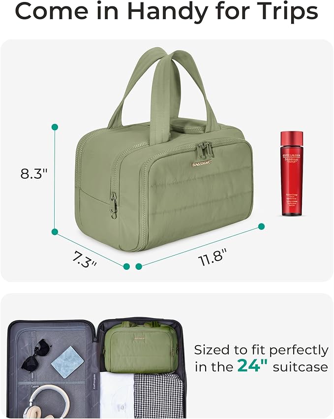 BAGSMART Travel Toiletry Bag, Lightweight Large Wide-open Travel Bag for Women, Puffy Cosmetic Makeup Bag Organizer with Handle for Accessories,Essentials, Toiletries, Green - Image 6