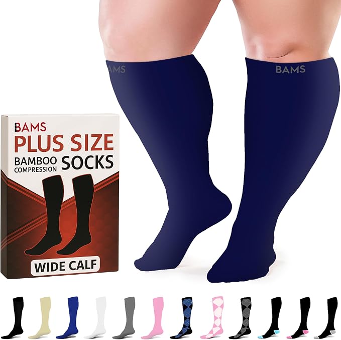 BAMS Plus Size Compression Socks Wide Calf XL XXL XXXL – Graduated Knee-High Support, Viscose from Bamboo Easy-On/Easy-Off by BAMS