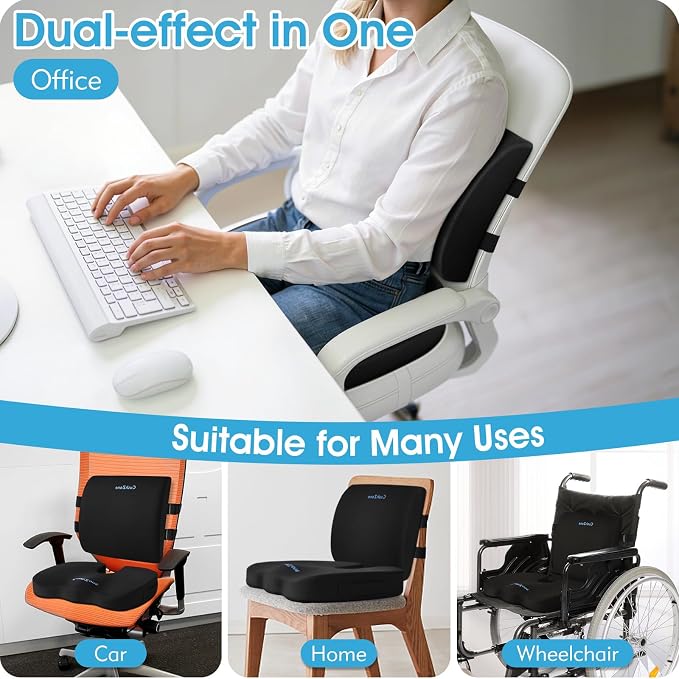 CushZone Seat Cushion and Lumbar Support Pillow for Office Chair, Black | Ergonomic Memory Foam for Sciatica Pain Relief & Posture Correction; Non-Slip Chair Cushions for Car, Wheelchair and Travel - Image 5