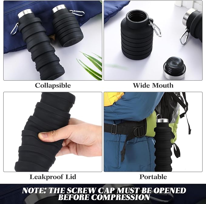 Lallisa 4 Pcs Collapsible Water Bottles 17 oz Reusable Silicone Foldable Travel Water Bottle Portable Leak Proof Sports Water Bottles for Gym Camping Hiking (Black) - Image 3