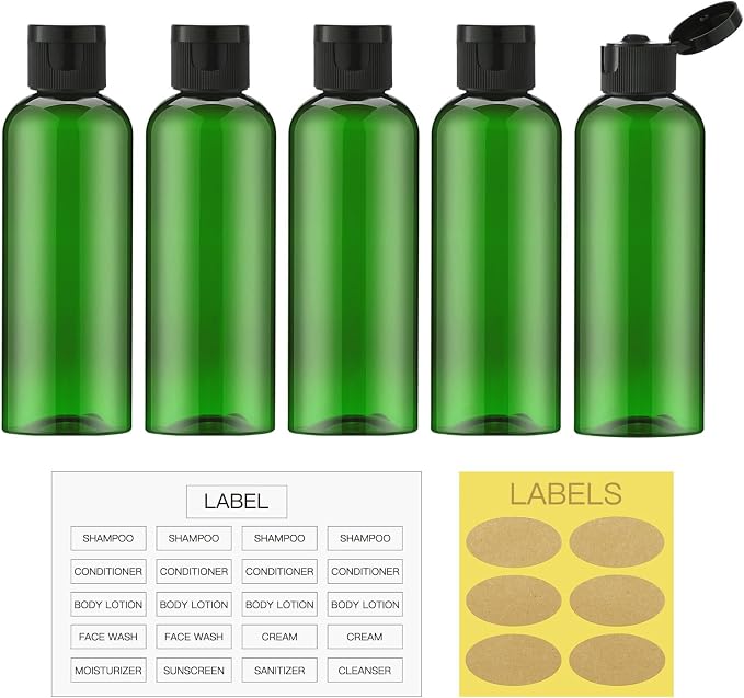 LISAPACK 3.4 oz Travel Bottles for Toiletries, Plastic Shampoo Containers | 5pcs small size dispenser, squeeze tubes, leak proof, small empty for liquid, lotion, conditioner, soap, 100 ml, TSA, green - Image 6