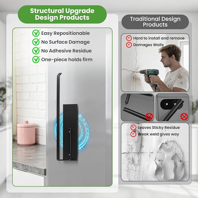 Paper Towel Holder Black, Toilet Paper Roll Holder Magnetic Towel Rack Wall Mount Fridge Organizer Shelf for Towels Rolls Bar Bathroom Toilet Pantry RV Essentials Kitchen Organizers and Storage 2 Pack - Image 6