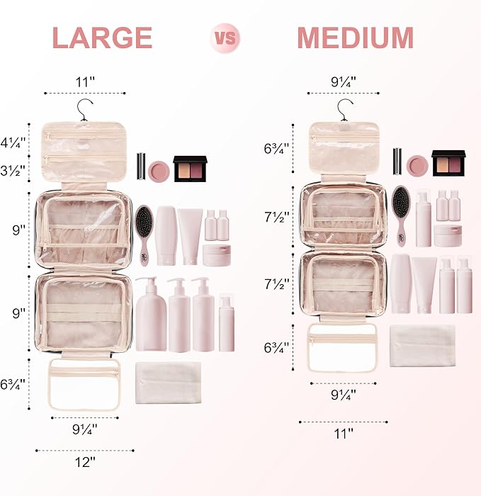 Everfun Travel Toiletry Bag with Hanging Hook and Leakproof Wet/Dry Compartments, Large Capacity Makeup Cosmetic Organizer for Women, 11x7.75x4.5 Inch, Pink - Image 2