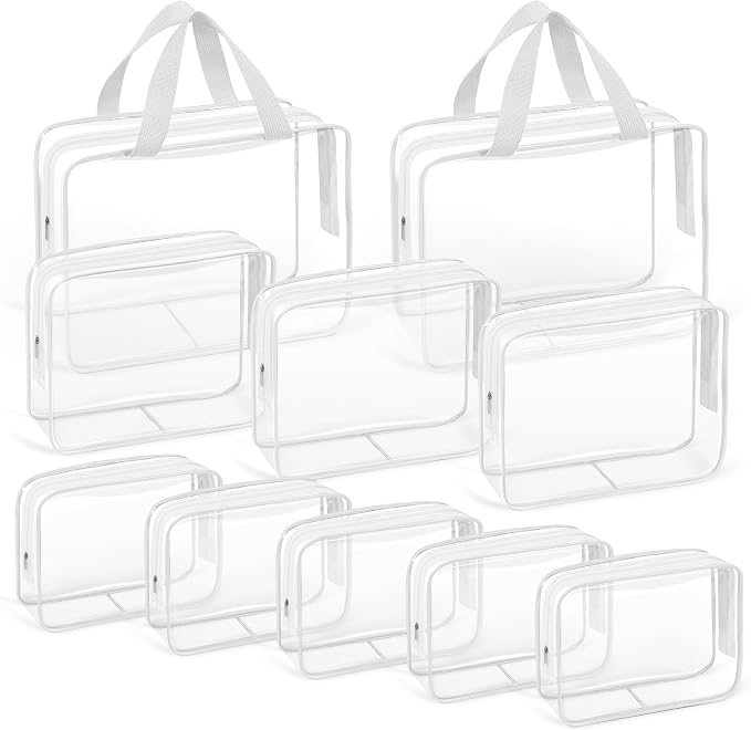 TISRATOK 10 PCS Clear Travel Bags for Toiletries, Clear Makeup Bags（White） | 3 Size plastic clear bags with zipper handbag, TSA approved cosmetic pouch for travel, swimsuit,toy storage bags by TISRATOK