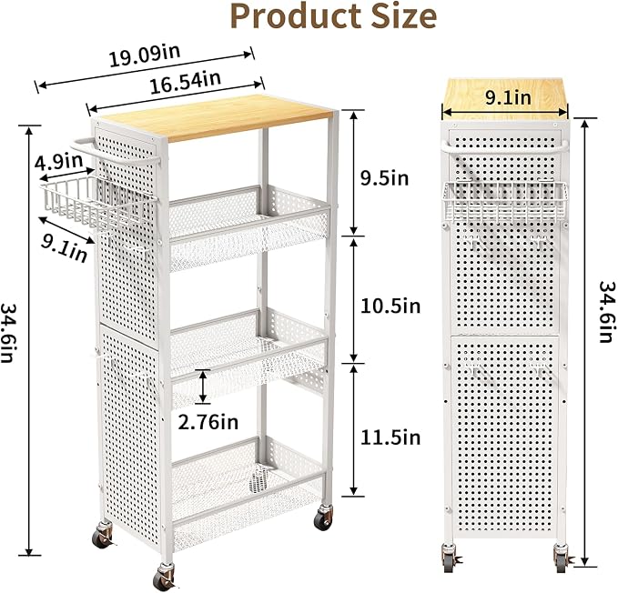Slim Storage Rolling Cart: 4-Tier Narrow Metal & Wood Utility Cart with Wheels for Kitchen/Laundry/Bathroom(White) - Image 7
