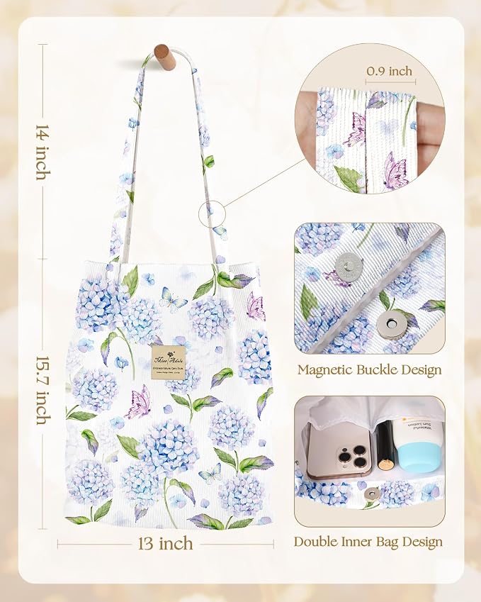 Miss Adola Corduroy Tote Bag for Women with Aesthetic Design | Magnetic Buckle & Pocket, Reusable, Soft, Roomy, Long Shoulder Handles, Double-sided Print, Casual Daily Work, Grocery Bags - Image 5