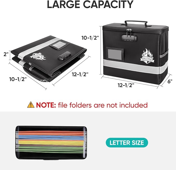BALEINE Fireproof Document Box with Lock, Portable Fireproof Document Bag Waterproof Fire Proof File Boxes for Documents, File Organizer Box for Important Paperwork (Black, 12.5''x10.5''x6'') - Image 4