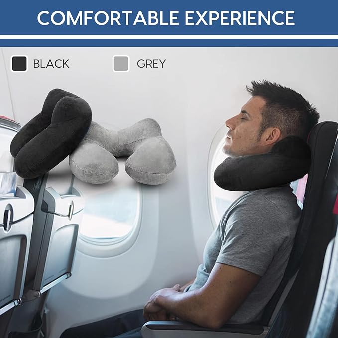 Inflatable Travel Pillow for Airplane Inflatable Neck Pillow for Traveling with Soft Velvet Washable Cover for Sleeping, Airplane,Train, Car, Office, Contoured Eye Masks, Earplugs - Image 2