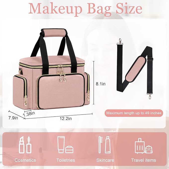 GDNasist Large Makeup Bag, Portable Travel Makeup Bag Organizer | Cosmetic Travel Bag for Women Girls with Removable Shoulder Strap & Detachable Dividers, Toiletry Bag for Makeup Pink - Image 3