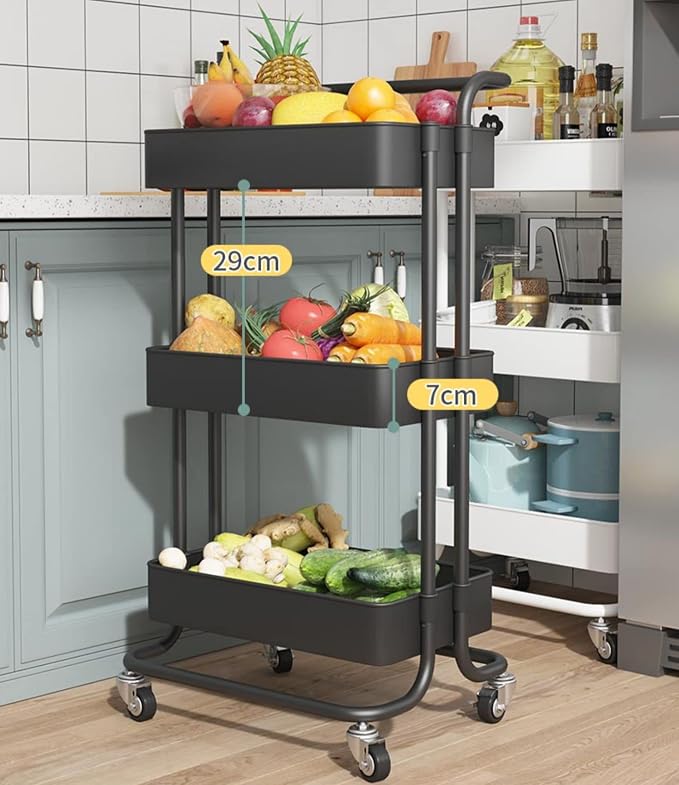 Sooyee 3 Tier Metal Utility Cart with Handle and Lockable Wheels, Black | Rolling Cart Multi-Functional Storage Cart for Office, School,Living Room, Kitchen, Bathroom, Bedroom,Laundry - Image 6