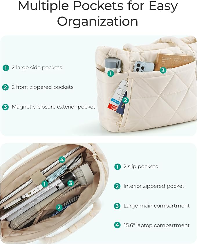 BAGSMART Tote Bag for Women, Puffer Tote Bag with Zipper, Large Quilted Shoulder Bag with Compartments for Travel, Work, Gym - Image 3