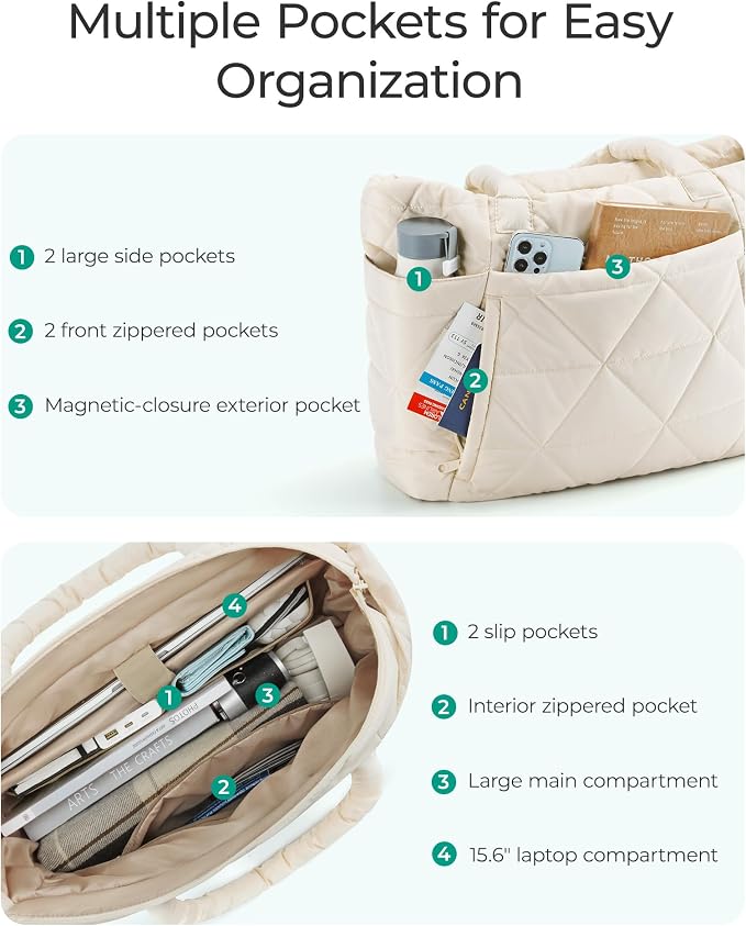 BAGSMART Tote Bag for Women, Puffer Tote Bag with Zipper, Large Quilted Shoulder Bag with Compartments for Travel, Work, Gym - Image 6