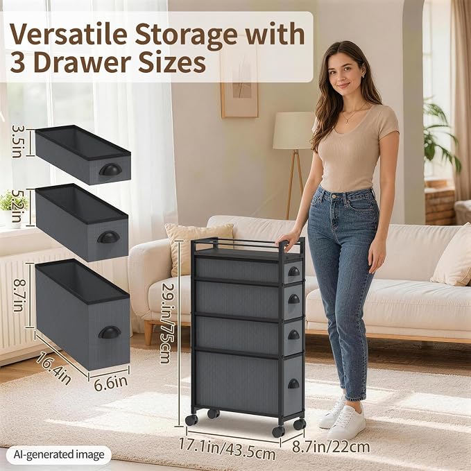 LASZOLA Narrow Cabinet Slim Storage Cart for Bathroom Small Space, Black Gray - Image 2