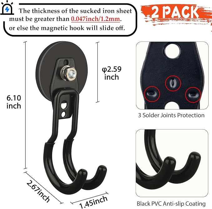 ULIBERMAGNET New Upgraded Garage Magnetic Hooks, 2 Pack Black Heavy Duty Large J Hooks with Magnet, Black Strong Anti-Slip Coating Magnet Hooks for Garden Tools, Ropes,Drill,Metal Cabinet,Pegboard - Image 2