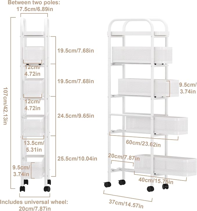 UMDONX 5-Tier Narrow Mobile Storage Cart with Pull-Out Baskets | The Multifunctional Pull-out Storage Rack Is Suitable for Bathrooms, Kitchens, and Laundry Rooms - Image 2