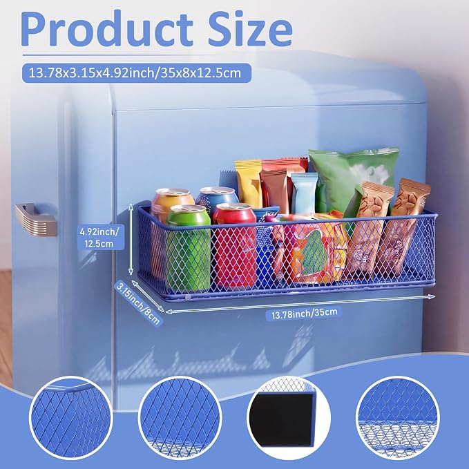 FoldTier 2 Pack Blue Magnetic Basket Dorm Mini Fridge Shelf Organizer Kitchen Storage Bin Container Spice Holder for Locker Refrigerator Pantry Dorm Essentials (13.8 x 3.1 x 4.9 Inch) - Image 2