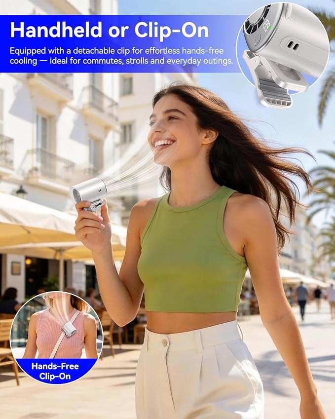 Clip-On Portable Fan with Ice Cooling, 20000 RPM Rechargeable Handheld Turbo Fan, 360° Rotating Detachable Clip, Mini Stroller Fan for Baby, Compact Travel Essentials, Summer Gifts for Women,White - Image 4