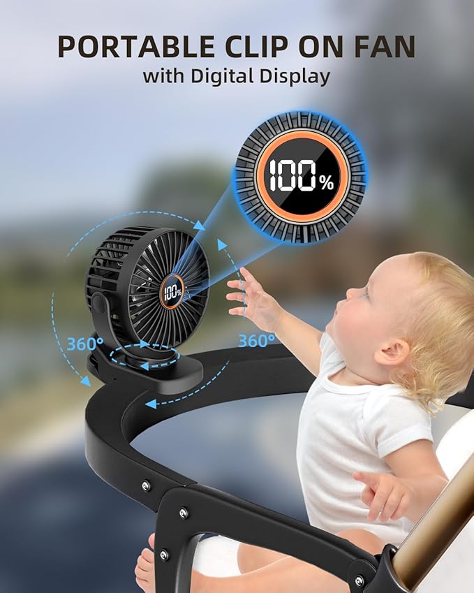 TUNISE Mini Clip on Fan, Battery Operated Desk Fan, Digital display，3 Speeds Adjustable, Bidirectional 360 ° Adjustable, Super Strong Wind, Portable Fan for Home Office Stroller Camping Black - Image 2