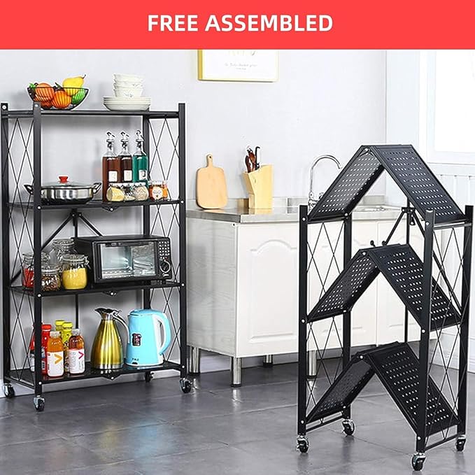 Kitchen Garage Metal Shelves, Storage Shelves Organizer, Foldable Metal Shelving, Closet Shelving Unit, 28" W x 14" D x 50" H Bakers Rack Microwave Stand, Plant Stand with Wheels (4-Tier Shelf) - Image 4