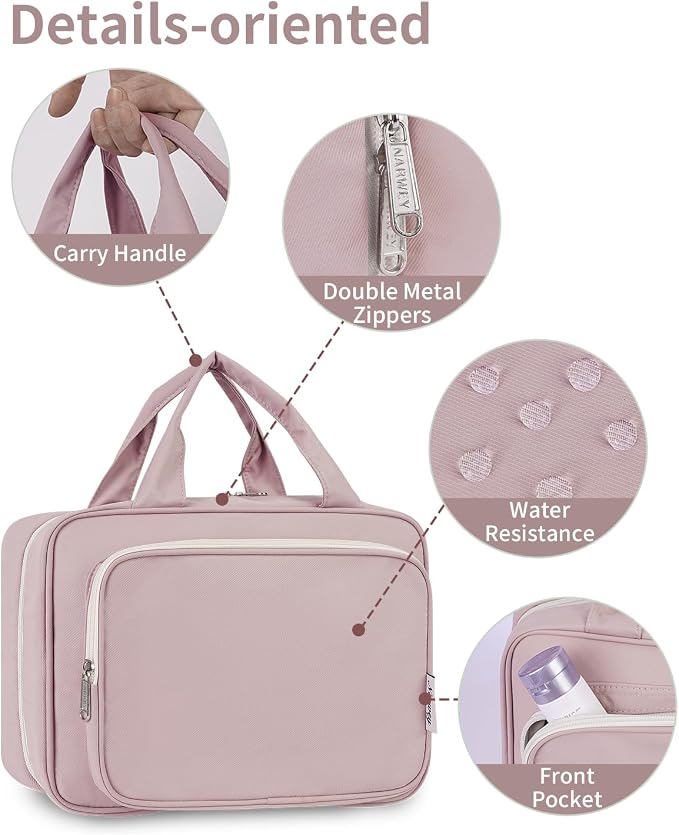 Narwey Travel Toiletry Bag for Women Large Hanging Makeup Bag Organizer Toiletries Bag for Full Size Essentials Accessories Cosmetics (Dusty Rose (Large)) - Image 8