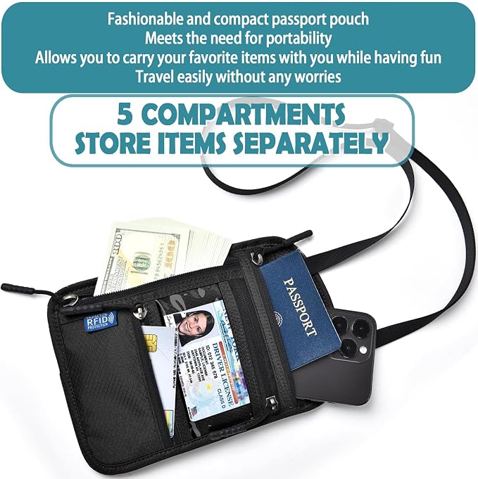 RFID Blocking Travel Neck Wallet–Hidden Passport Holder & Anti-Theft Money Pouch for Men & Women, Lightweight Concealed Travel Organizer with Adjustable Strap Secure Document - Image 4