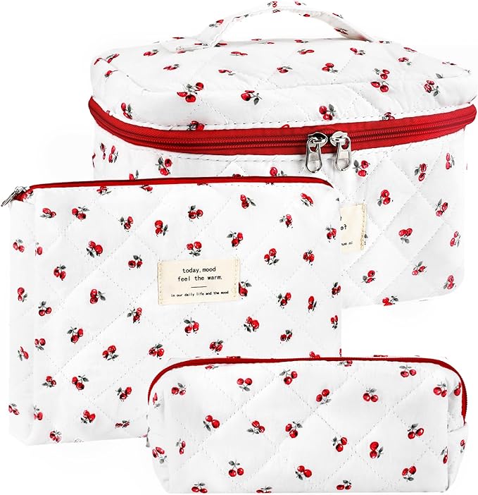 URSKYTOUS 3Pc Cotton Quilted Makeup Bag for Women Extra Large Coquette Small Floral Travel Cosmetic Bag Set Cute Cherry Makeup Pouch Portable Toiletry Bag Organizer Vintage Puffy Essential Storage Bag by URSKYTOUS