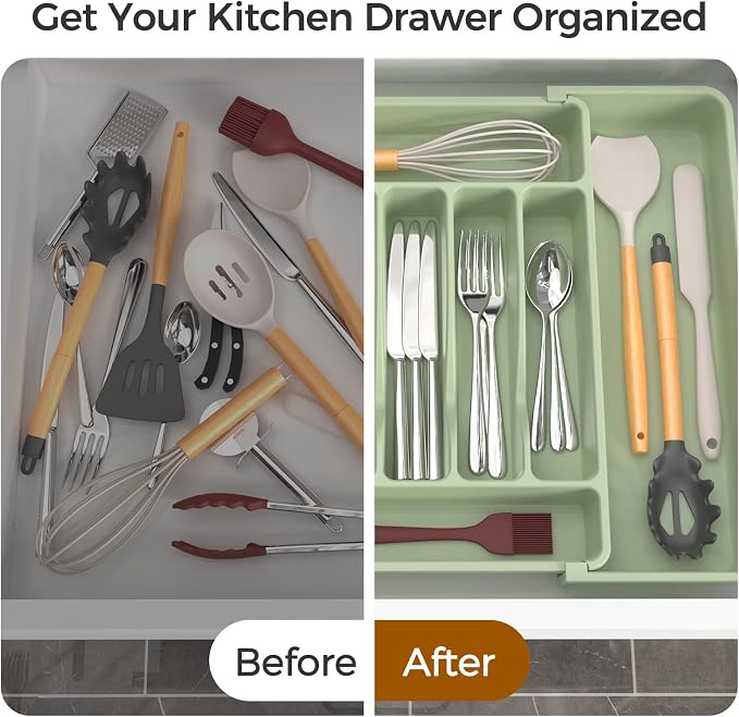 ukeetap Extra Large Expandable Silverware Organizer, Flatware Tray, Green | BPA-Free Food-Safe Kitchen Utensil Cutlery Drawer Organizer, Adjustable Silverware Holder for Spoons Forks Knives - Image 6