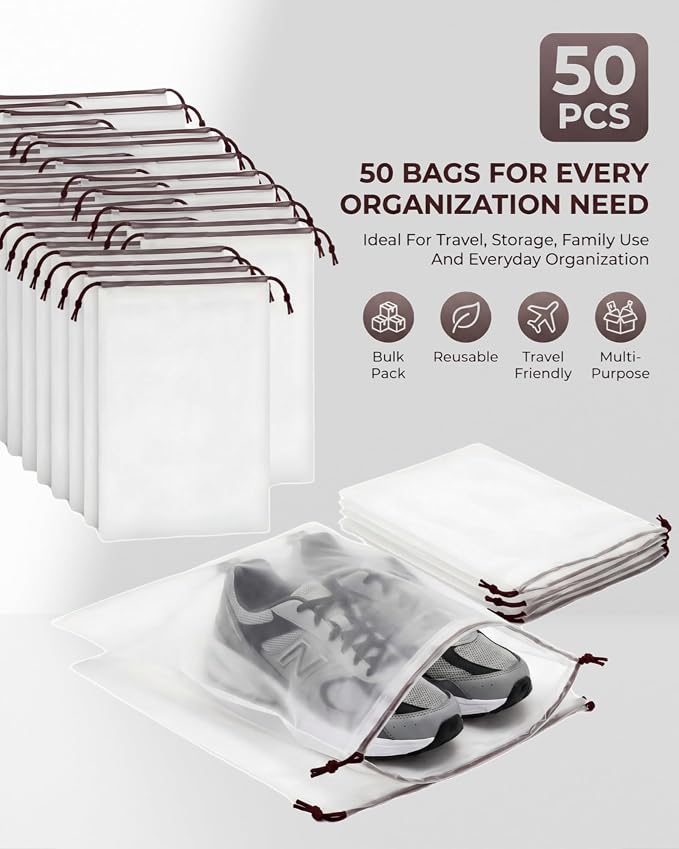 50 Pcs Shoe Bags for Travel, 15.7" x 11.8" Clear Drawstring Storage Bags Shoes Organizer for Packing Waterproof Dustproof Women Men Portable Travel Essentials - Image 2