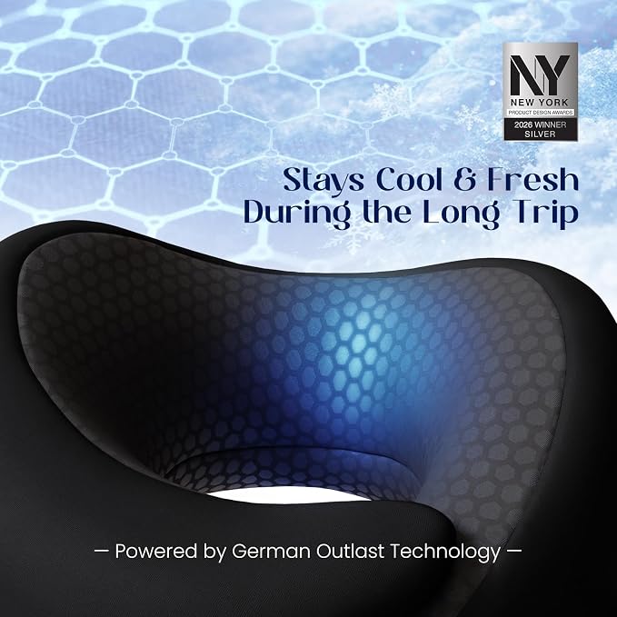 Dream Valley® Neck Travel Pillow, Memory Foam Travel Pillow for Airplane, Portable Roll-Up Neck Pillow with Cooling Inner Fabric, 360° Ergonomic Support, No Head Bobbing, Black - Image 2