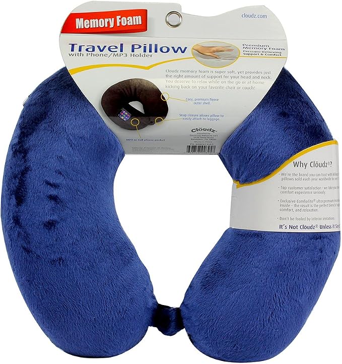 Memory Foam Travel Neck Pillow with Snap & Pocket - Blue - Image 2