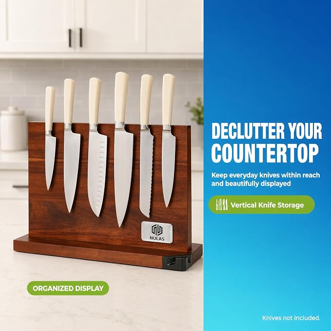 Magnetic Knife Block with Built-in Sharpener, Double-Sided Countertop Magnetic Knife Holder, Holds Up to 12 Knives & Metal Kitchen Tools, Brown - Image 9