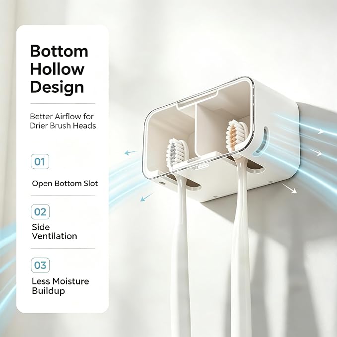 Toothbrush Holder Wall Mounted with Pop-Up Waterproof Cover, 2 Slots & Ventilated, No-Drill Adhesive Bathroom Organizer, Detachable Easy Clean, Fits Most Manual & Electric Toothbrushes (1pc Grey) - Image 3