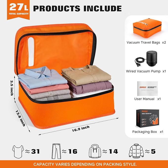 Vacuum Bags for Travel with Wired Pump, Travel Compression Bags for Clothes, 180° Open Zipper, Save 80% Space, IP68 Waterproof Travelpack Vacuum Kit for Luggage, Suitcase, Home Storage (2 Pack + Pump) - Image 7