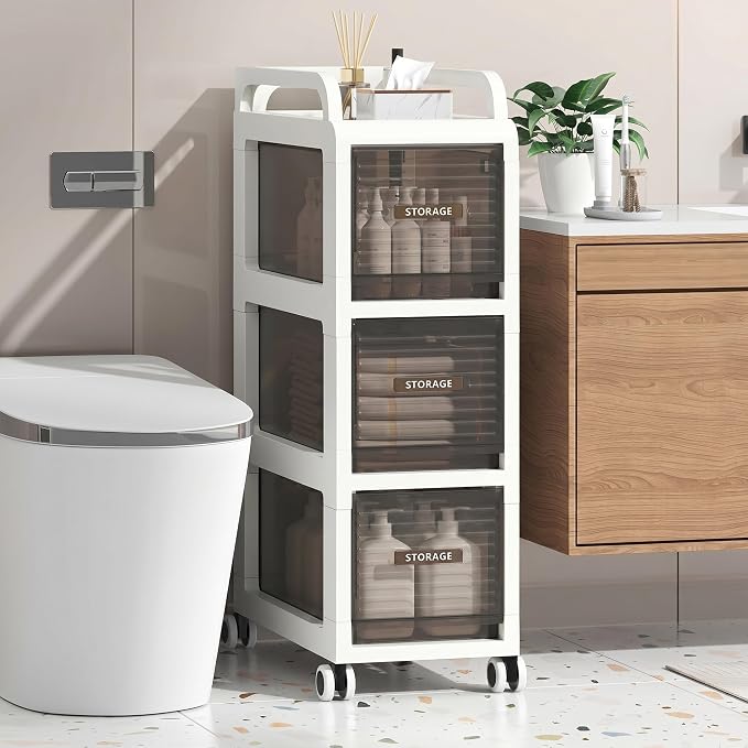 Bathroom Storage with Drawers, 9.8" Wide Slim Cabinet with Wheels | Freestanding Narrow Cupboard, Small Cart for Small Space Kitchen Office Bedroom Under Desk, 29.5" Tall, 3-Drawer, Gray - Image 3