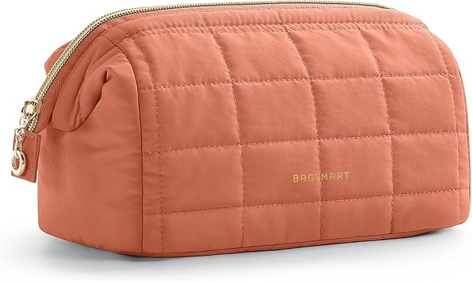BAGSMART Makeup Bag Travel Toiletry Bag, Puffy Padded Make Up Bags for Women Makeup Organizer Case, Wide-open Pouch Purse Travel Essentials Toiletries Accessories Brushes, Apricot Pink by BAGSMART