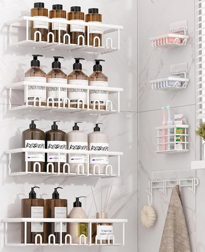 8 Pack Adhesive Rustproof Shower Caddy with Soap Dishes, Toothbrush Holder & Hooks, Large Capacity No-Drilling Shower Shelves Rack for Bathroom Organizers and Storage Accessories, White by Unknown