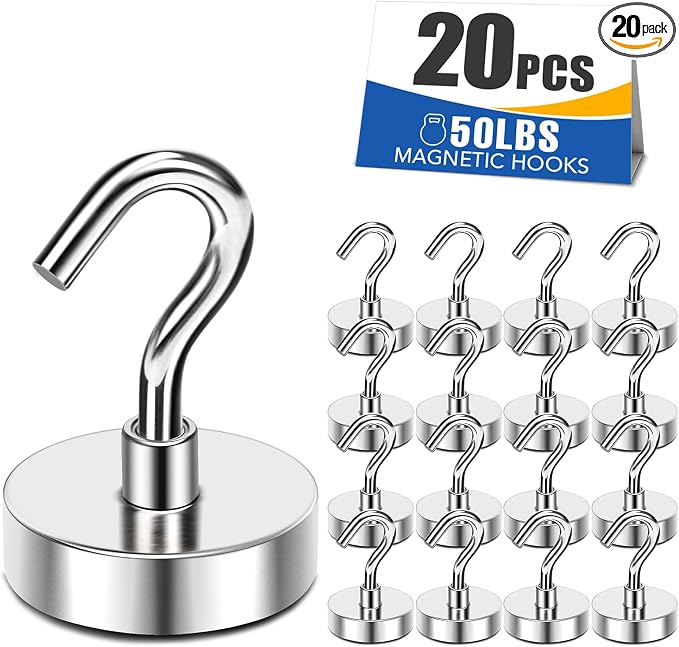 Magnetic Hooks 50Lbs Heavy Duty Magnets with Hook for Cruise Cabin | Strong Magnet Hooks for Hanging Super Metal Magnetic Hanger for Grill Fridge Kitchen Pack of 20 by MIKEDE