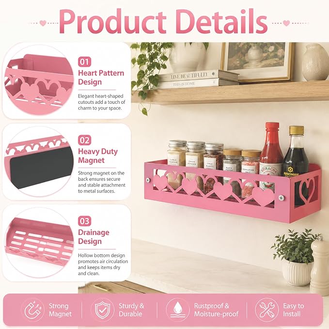 OYEFLY Pink Heart Magnetic Spice Rack for Refrigerator, Metal Magnetic Shelf Basket, Cute Fridge Organizer and Storage, Pink Kitchen Accessories for Spice Storage, Cabinet or Laundry Room (2) - Image 3