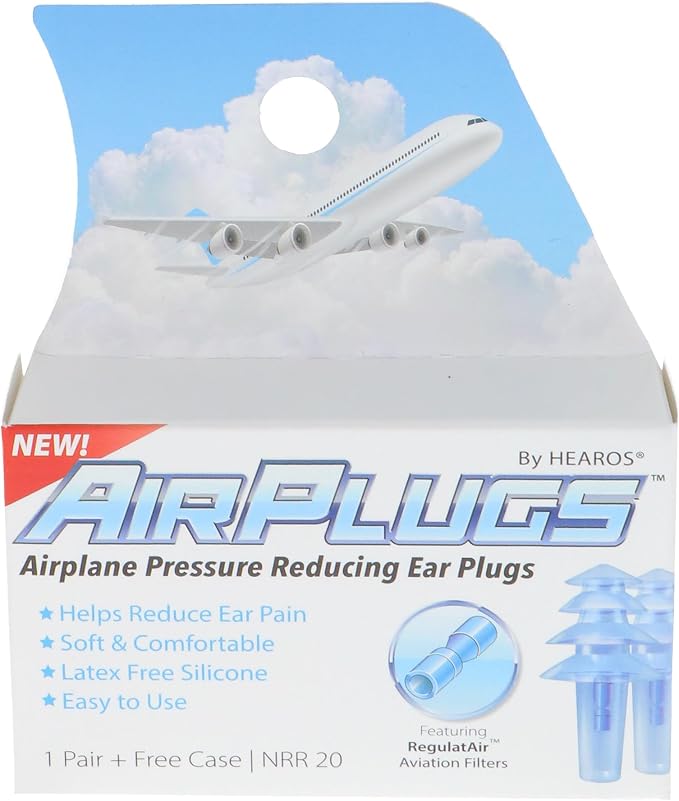 HEAROS AirPlugs Airline Pressure Reducing Earplugs, 1 Pair + Free Case, Latex Free Silicone, Reduce Ear Pain, NRR 20, Clear (5805) by Hearos