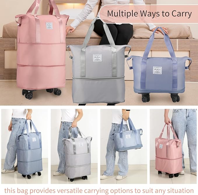 VOOWO Rolling Duffle Bag with Wheels, Expandable Foldable Duffle Bag for Travel, Rolling Under Seat Luggage Carry on Duffel Bags, Wheeled Travel Duffel Large Overnight Weekend Bags (Pink) - Image 7