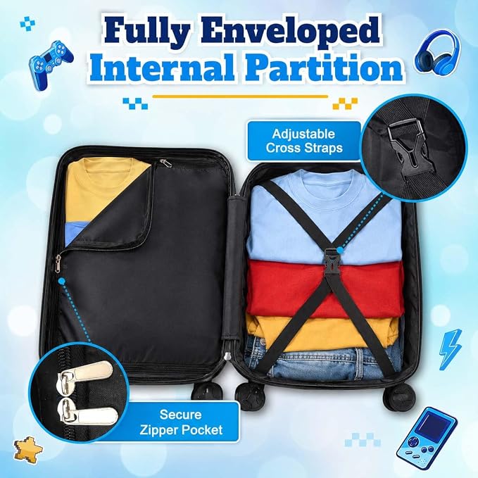 UFNDC Lightweight Hardshell Spinner Kids Suitcase Set 2PCS with Wheels - Airplane Approved Carry-On Luggage for Boys & Children Ages 3-10, Fun Game Rolling Suitcases for Elementary Toddler Travel - Image 8
