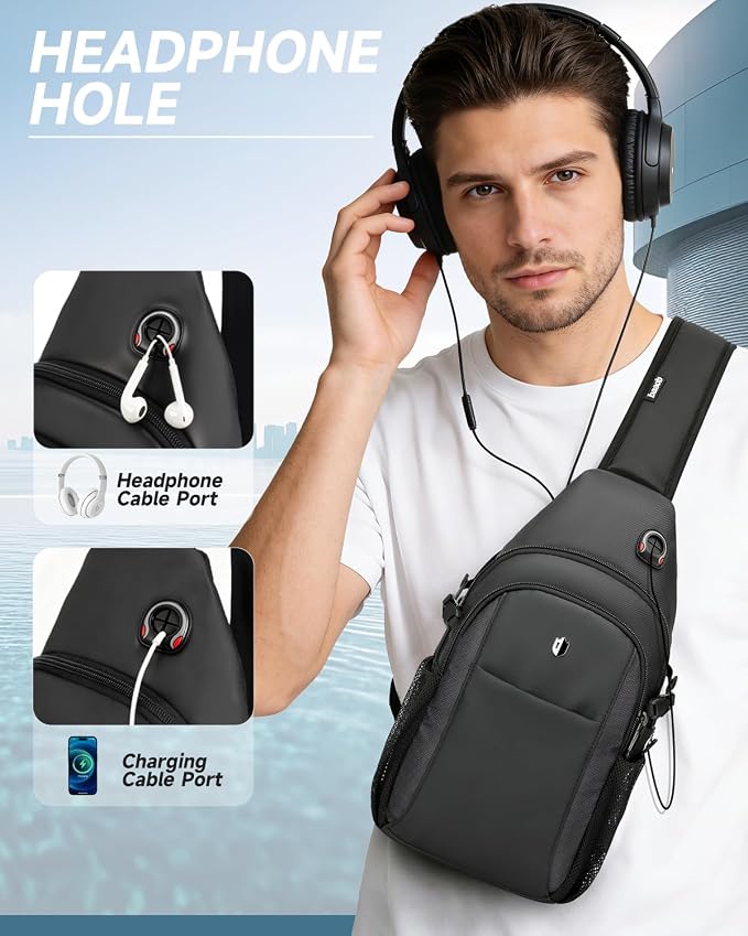 Anti Theft Sling Bag for Men, Expandable Crossbody Chest Bag with Water Bottle Pocket, Travel Sling Backpack Fits 11” iPad & Switch 2 for Commuting, Hiking, Daily Carry, Black | Mens Crossbody Bag - Image 7