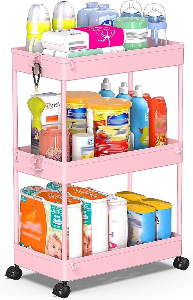 SPACEKEEPER 3 Tier Rolling Cart, Bathroom Cart Organizer with Wheels, Pink | Mobile Storage Cart for Laundry Room Organization,Kitchen,Office,Bathroom, Utility Cart for Snack,Craft,Art,Makeup,Nail,Toys by SPACEKEEPER
