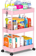 SPACEKEEPER 3 Tier Rolling Cart, Bathroom Cart Organizer with Wheels, Pink | Mobile Storage Cart for Laundry Room Organization,Kitchen,Office,Bathroom, Utility Cart for Snack,Craft,Art,Makeup,Nail,Toys by SPACEKEEPER