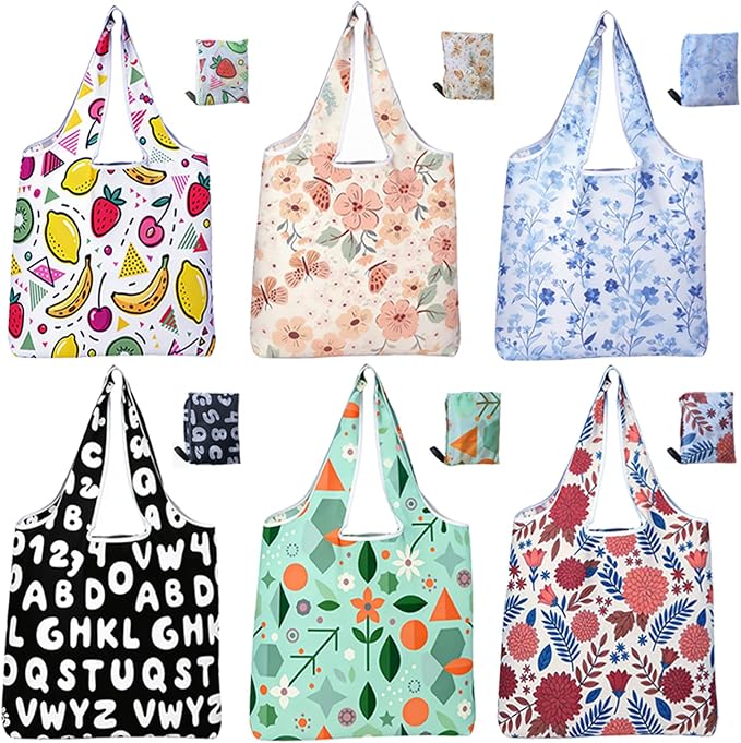 6 Pack Reusable Shopping Bags - Foldable Heavy Duty Washable Totes | Ripstop Nylon, 15x16", Zipped Storage Pouch Fits Palm, Large Handles Hold 50lbs, Travel Beach Picnic Grocery Essentials, Gift by RUIPBOTE