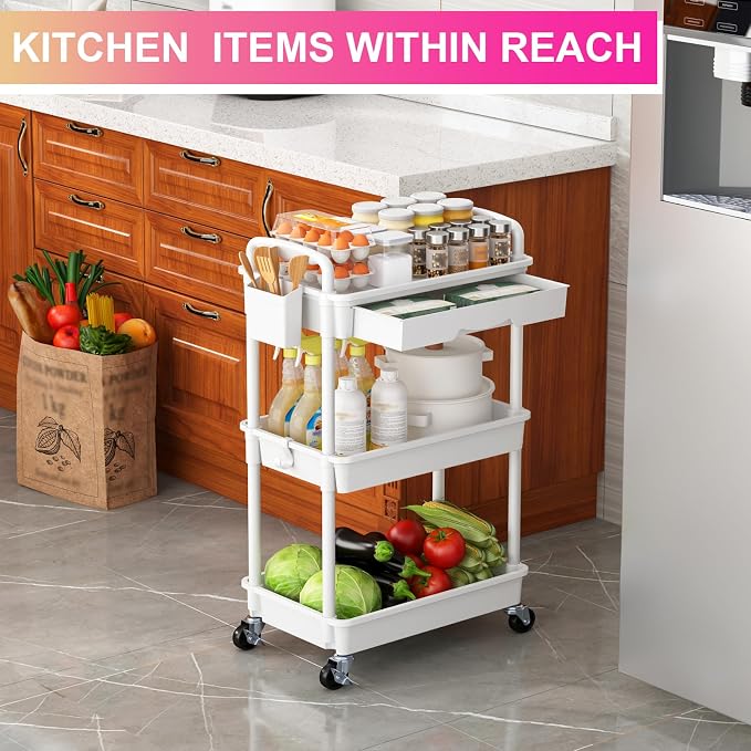 Goovilla 3 Tier Rolling Utility Cart Organizer with Removable Drawer, White | Stable and Sturdy Rolling Storage Carts with 2 Lockable Wheels for Bathroom, Kitchen, Snack, Craft, Makeup, Baby Essentials - Image 7