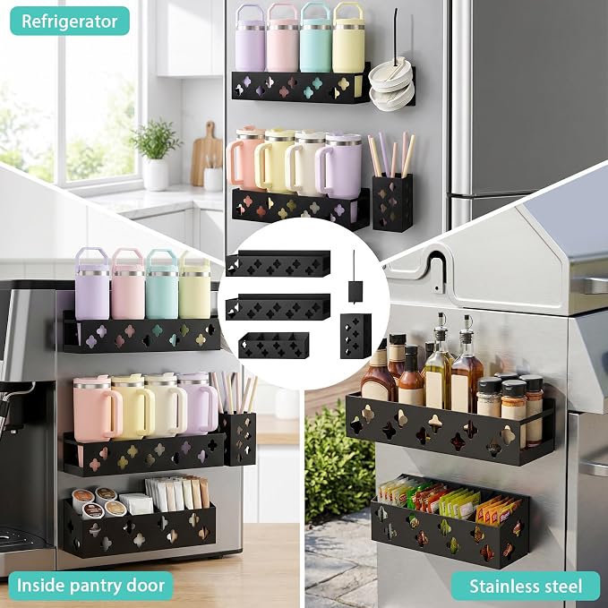 Magnetic Water Bottle Organizer for Fridge, Magnetic Cup Holder for 30 40 Oz with Tumbler Lid & Straw Organizer & Caffee Bar Holder, 8 Tumblers Kitchen Storage Rack for Cup Accessories, Space-Saving - Image 4
